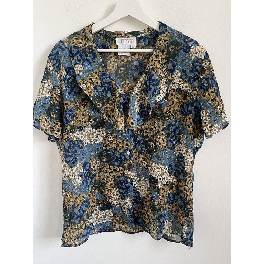 Tess Vintage Floral Blouse Ruffle Neck Blue Sheer Sz 12 Made In Hong Kong